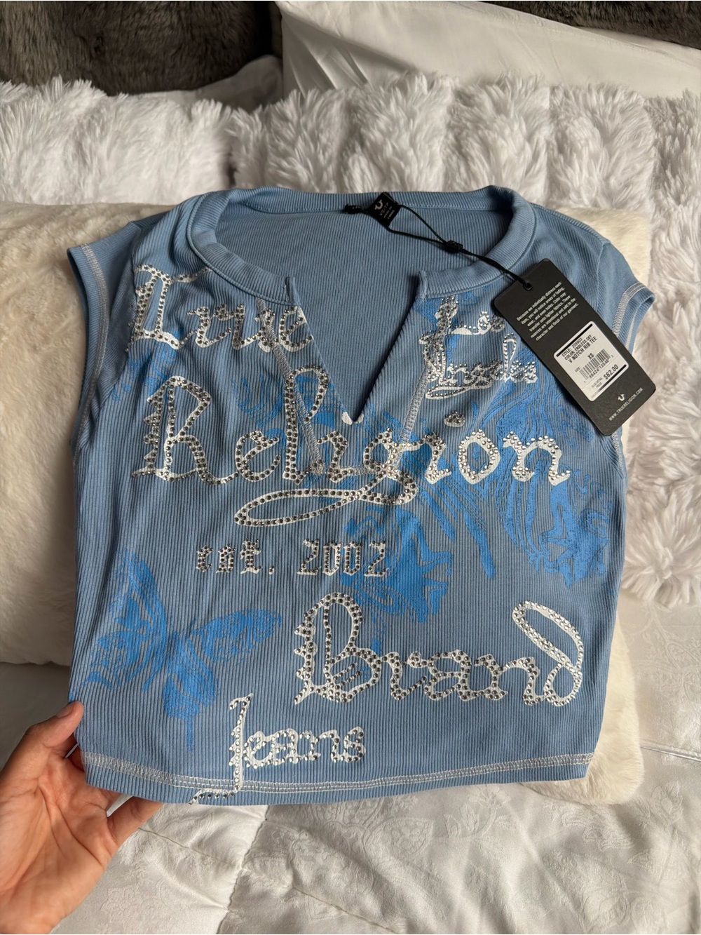 True Religion Light Blue Rhinestone Logo Ribbed Tank Top